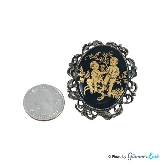 Vintage Two Boys Garden Oval Black & Gold Enamel Silver Tone Brooch Pendant - Picture 6 of 9